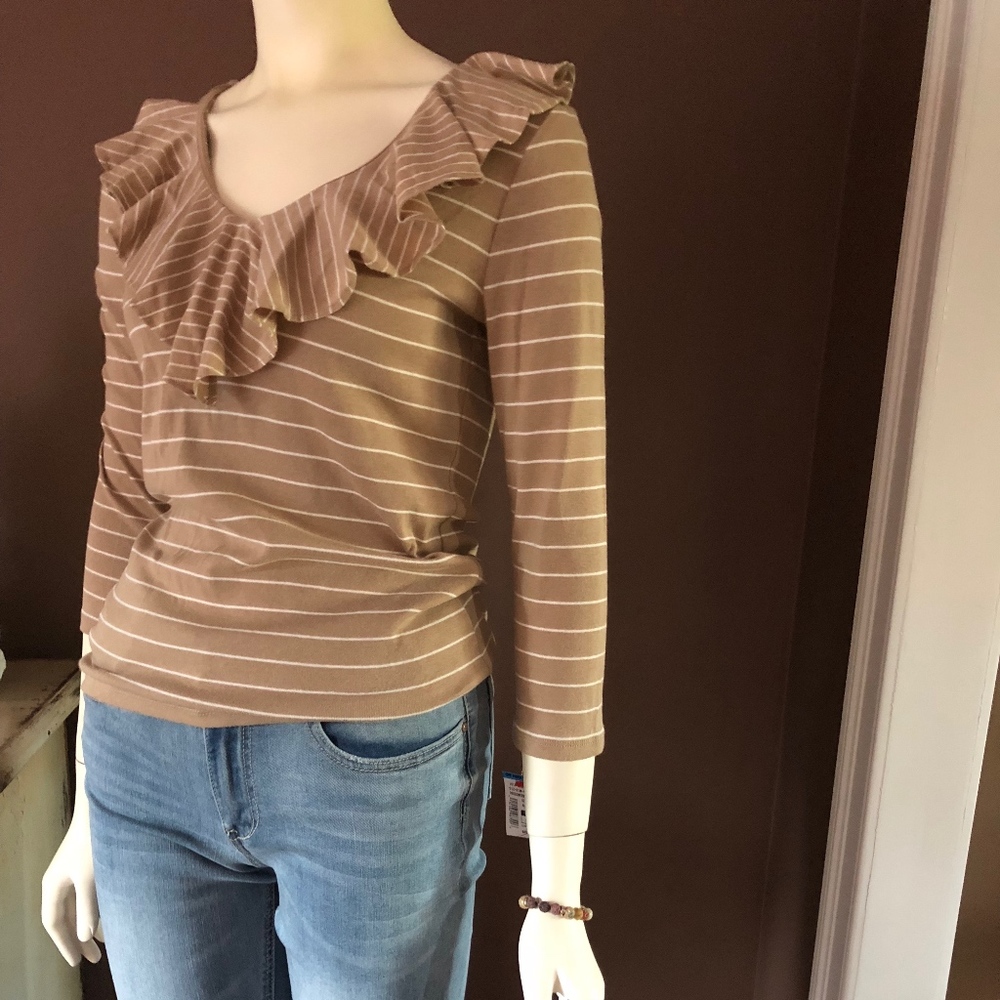 RALPH LAUREN Ruffled Collar Striped Cotton Tee - Picture 3 of 6